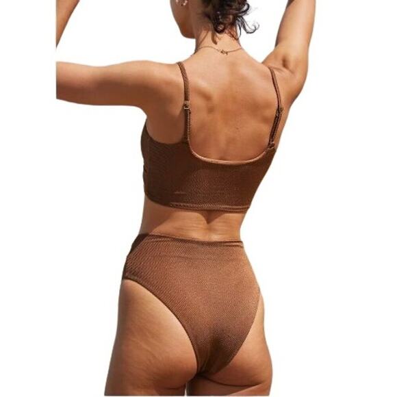 Aerie Shine Pique Twist High Cut Textured Bikini Bottom Horizon Women Size Large - Picture 5 of 5